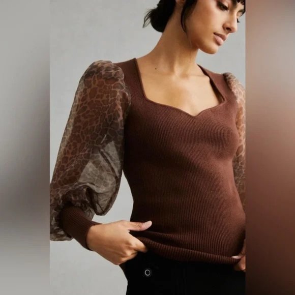 Anthropologie DOLAN Puff-Sleeve Sweater in Brown Motif Leopard NWT - Picture 4 of 6